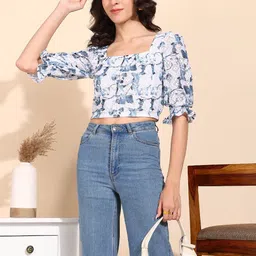 Asami Women Abstract Print Puff Sleeves Square Neck Crop Top-picture-6