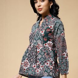 Istyle Can Floral Print Mandarin Collar Cotton Top-image-93