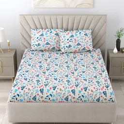 BOMBAY DYEING Blue & White Floral 144 TC Queen Bedsheet with 2 Pillow Covers-image-53