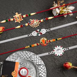 DeoDap Set Of 5 Rakhi Gift Set with Roli Chawal, Greeting Card & Coin-image-49