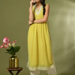 KALINI V-Neck Sequinned Georgette Empire A-Line Kurta With Trousers-picture-53