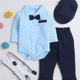 BUMZEE Boys Printed Cotton Bodysuit With Trousers Suspender & Cap-37