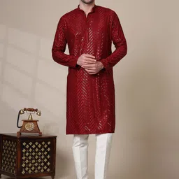 ADHIRAJAN Embroidered Chikankari Mandarin Collar Pure Cotton Kurta with Pyjamas-55