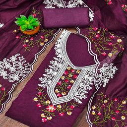 Peachmode Floral Embroidered Thread Work Unstitched Dress Material-image-50