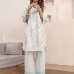 Sangria Floral Printed V-Neck Pure Cotton Tunic And Trousers-picture-2