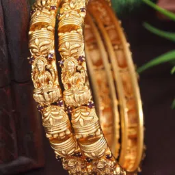 SGA FASHION Set Of 2 Gold-Plated American Diamond Studded Temple Bangles-image-60