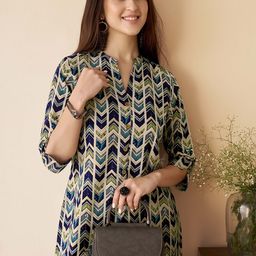 Anouk Blue Chevron Printed Mandarin Collar Pure Cotton A-Line Kurti-image-41