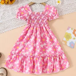 YK Girls Floral Printed Square Neck Smoked Puff Sleeve Pure Cotton Fit & Flare Dress-picture-11
