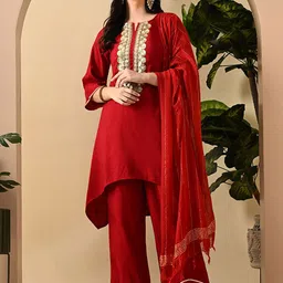 Sangria Embroidered Keyhole Neck Bell Sleeves Kurta & Palazzos Set with dupatta-53