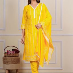 HEBA Women Floral Embroidered Regular Thread Work Kurta with Trousers & With Dupatta-image-5