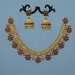 Diksha collection Brass-Plated Stone Studded & Beaded Matte Finish Jewellery Set-image-74