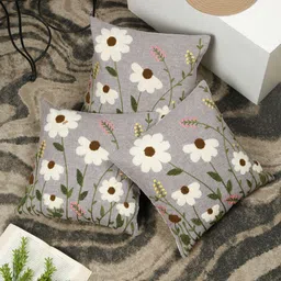 SOKNACK Grey & White 3 Pieces Floral Embroidered Cotton Square Cushion Covers-image-70