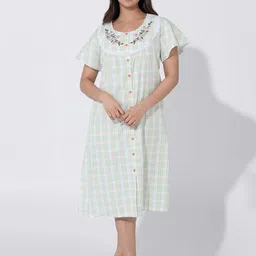 Maybell Women Checkered Cotton Nighty with Lace Embroidered Yoke-picture-26