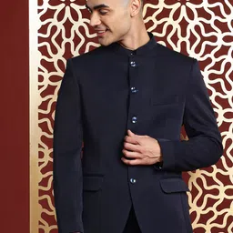 MANQ Mandarin Collar Slim-Fit Bandhgala Single-Breasted Blazer-image-36