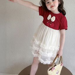 LULU & SKY Girls Colourblocked Round Neck Puff Sleeves Applique Tiered Fit & Flare Dress-image-35