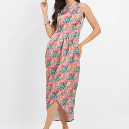 Color Cocktail Women Floral Print Halter Neck Satin Dress-image-36