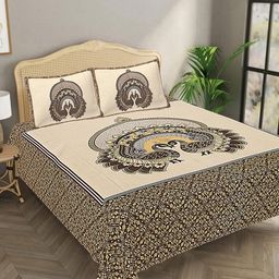 Aura Yellow & Brown Ethnic Motifs 144 TC Pure Cotton King Bedsheet with 2 Pillow Covers-image-101