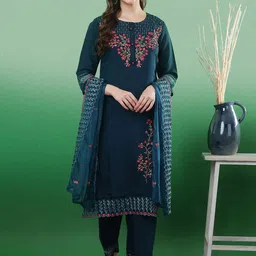 Sangria Floral Embroidered Thread Work Straight Kurta & Trouser With Dupatta-picture-32