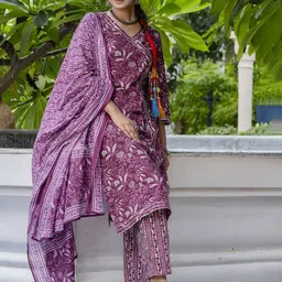PARTHVI Floral Printed V-Neck Straight Kurta With Trousers & Dupatta-picture-10