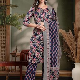 HERE&NOW Women Navy Blue Pure Cotton Kurta Sets-picture-33