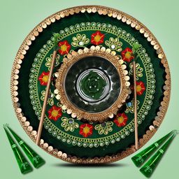 ME & YOU Green & Red Embroidered Metal Haldi Thali Set-32