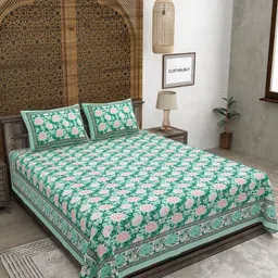 CLOTHOLOGY Green & White Floral 180 TC King Bedsheet with 2 Pillow Covers-image-26