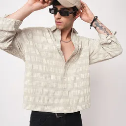 VASTRADO Classic Seersucker Checked Boxy Fit Cotton Casual Shirt-image-5