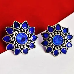 Yash Jewels Emporiums Silver-Plated Artificial Stones Studded Floral Shaped Oxidized Studs-image-54