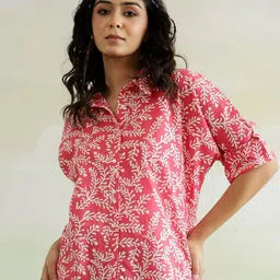 SANSKRUTIHOMES Women Floral Print Roll-Up Sleeves Cotton Top-image-48