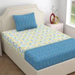 Home Ecstasy Blue & White Floral 140 TC Single Bedsheet Set 1.50 m x 2.20 m-picture-31