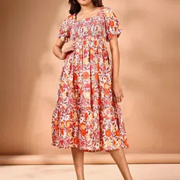 STARWORD Floral Print Puff Sleeve Smocked Cotton Fit & Flare Dress-image-13