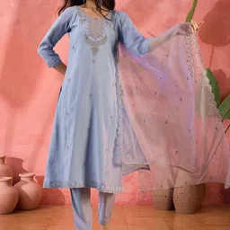 Sangria Floral Embroidered Sequinned Straight Kurta With Trousers And Dupatta-picture-18