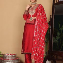 Varanga Maroon Paisley Embroidered Regular Sequinned Kurta With Trouser With Dupatta-image-9