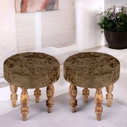 Ikiriya Set of 2 Brown Wooden Round Stools With Velvet Upholstery-16