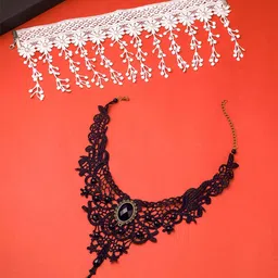 Yellow Chimes Set of 2 Rhodium-Plated Stone Studded & Beaded Lace Choker Necklaces-17