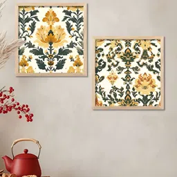 WALLLANE Brown & Yellow 2 Pieces Floral & Botanical Indian Madhubani Wooden Wall Art-picture-14