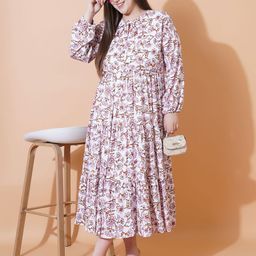 U&F Beyond Women Floral Printed Tie-Up Neck Puff Sleeve Crepe Fit & Flare Midi Dress-image-69