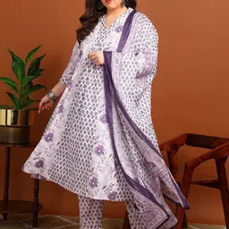 YASH GALLERY Women Plus Size Floral Printed Pure Cotton Kurta with Trousers & With Dupatta-picture-3
