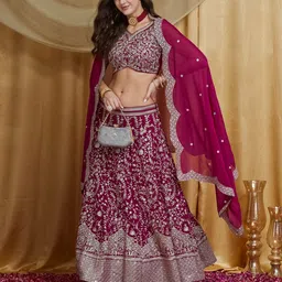 KAVINDI Embroidered Thread Work Semi-Stitched Lehenga & Unstitched Blouse With Dupatta-picture-0