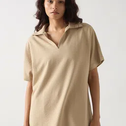 FEMMELLA Self Design Polo Collar Drop Shoulder Sleeves T-shirt-image-100