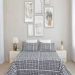 HOMEMONDE Monochrome Stria Black Checked Cotton 210 TC Queen Bedsheet Set 2.28 m x 2.13 m-image-63