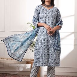 Virah Fashion Women Floral Printed Regular Pure Cotton Kurta with Trousers & With Dupatta-image-28