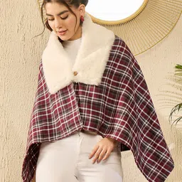 InWeave Women Checked Acrylic Crop Poncho with Fuzzy Detail-image-59
