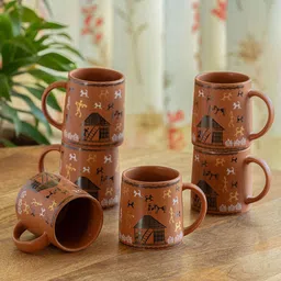 ExclusiveLane Coffee Brown & Green 6 Pieces Printed Ceramic Glossy Mugs-image-17