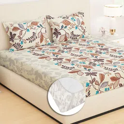Story@home Brown & Cream-Coloured Floral 210 TC King Bedsheet with 2 Pillow Covers-image-49