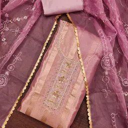 SHADOW & SAINING Striped Sequinned Embroidered Organza Semi-Stitched Dress Material-image-97