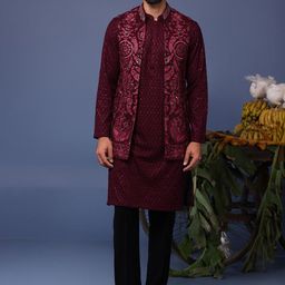 KALPRAAG Men Floral Embroidered Regular Sequinned Kurta with Trousers & With Dupatta-5