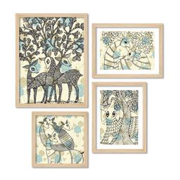 ArtVibes Beige & Blue 4 Pieces Deer Line Printed Wooden Paintings Wall Art-image-39
