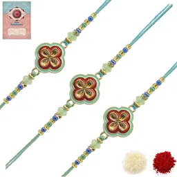 MEIRA JEWELLERY Set Of 3 Designer Rakhis With Greeting Card & Roli Chawal-20