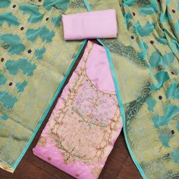 SAINOOR Floral Embellished Beaded Semi-Stitched Banarasi Dress Material-image-64